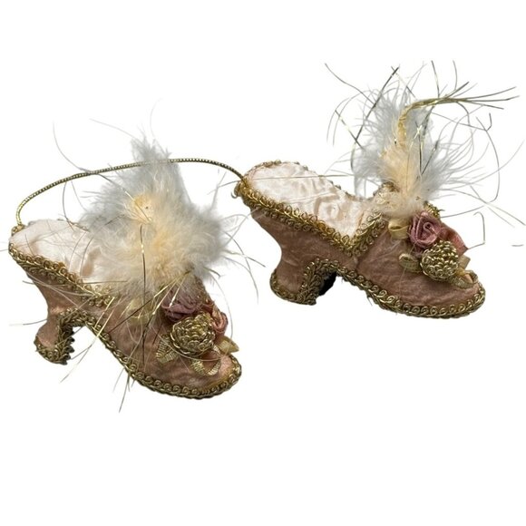 Mini collector Victorian healed shoes tree ornaments pink gold ribbon trim READ - Picture 1 of 8